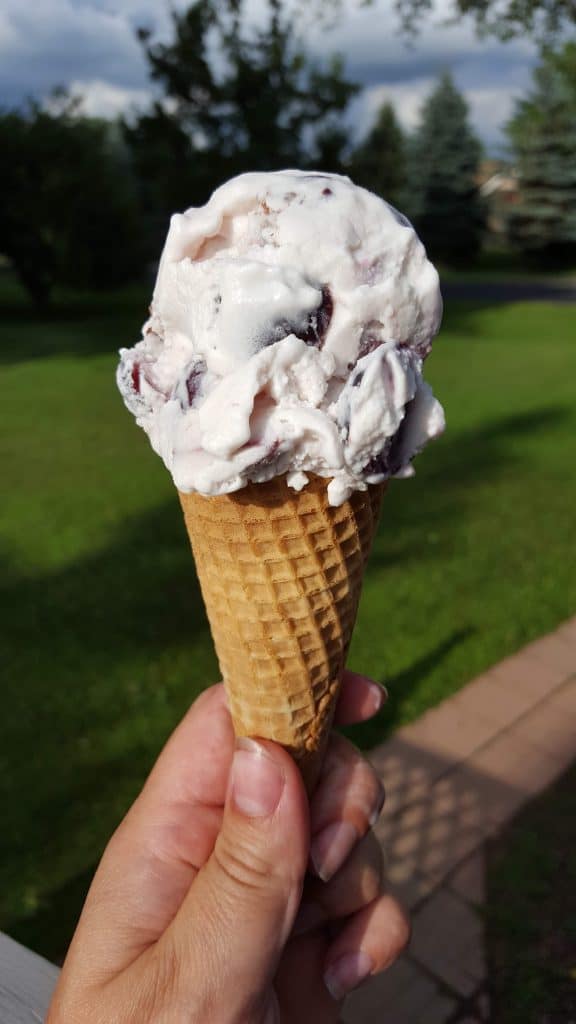 Cherry chocolate chunk ice cream in a sugar cone