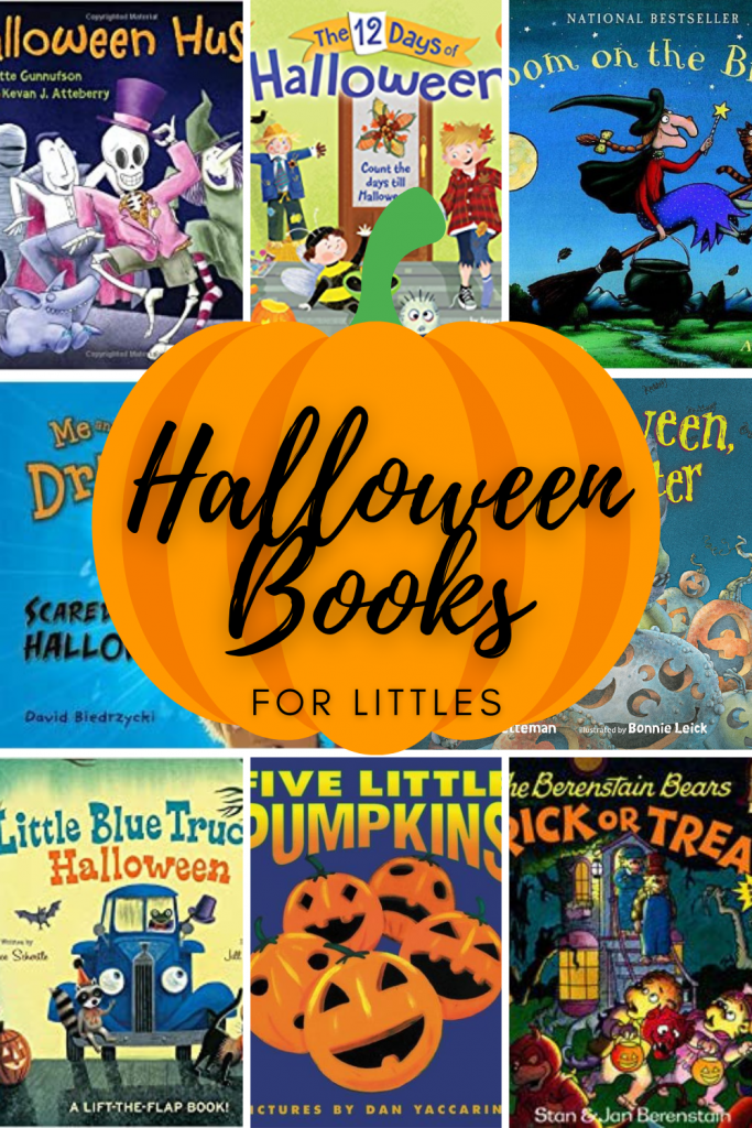 pin image of book covers and text "Halloween Books for Littles"