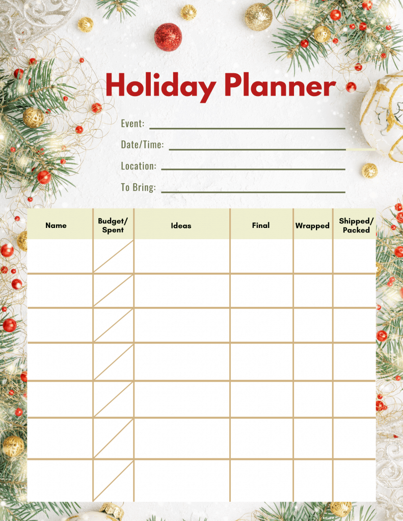 holiday planner printable