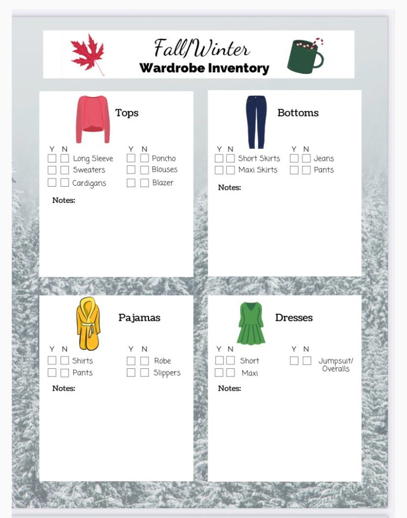 first page of clothing inventory sheet