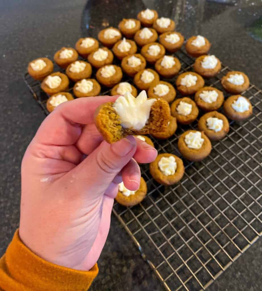 finished pumpkin cookie cups with one cut in half to show center