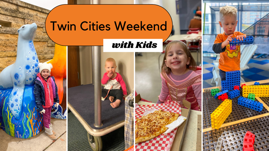 four kids in different scenes of travel in Twin Cities